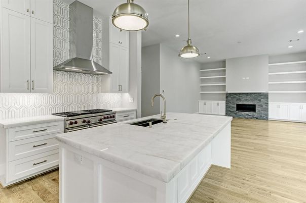 Fireplace, Interior, Kitchen, Pendant Lights, Recessed Lighting, Stainless Steel Appliances, Wood Texture Flooring