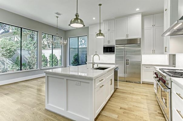 Interior, Kitchen, Pendant Lights, Recessed Lighting, Stainless Steel Appliances, Wood Texture Flooring