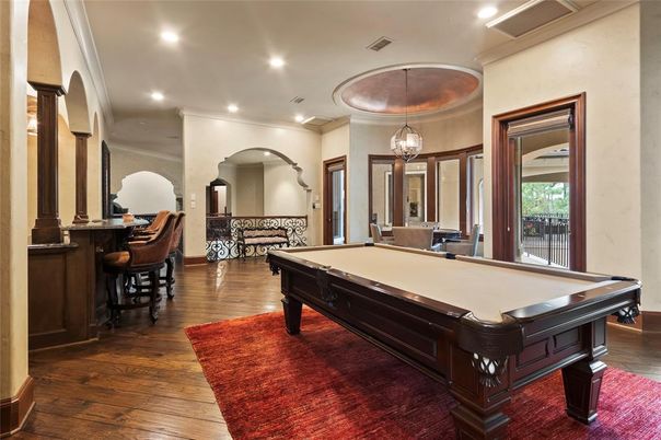 Billiard Table, Game Room, Interior, Pendant Lights, Recessed Lighting, Wood Texture Flooring