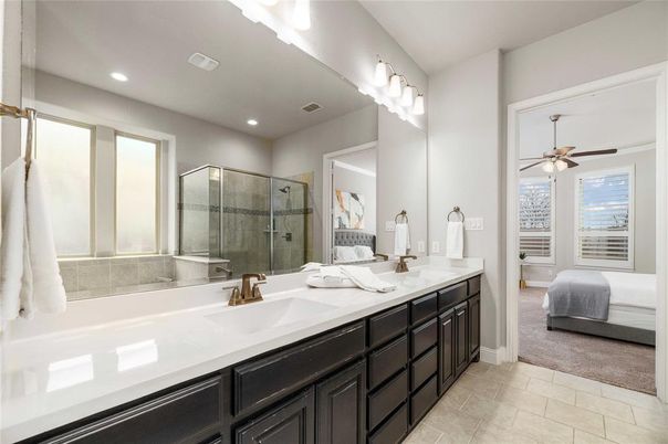 Bathroom, Bedroom, Dual Sink Vanities, Glass Shower, Interior, Recessed Lighting