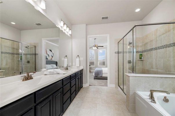 Bathroom, Bedroom, Dual Sink Vanities, Glass Shower, Interior, Recessed Lighting