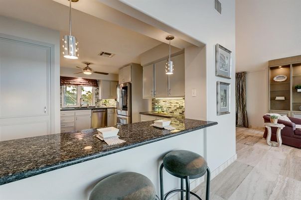 Interior, Kitchen, Pendant Lights, Stainless Steel Appliances, Wood Texture Flooring