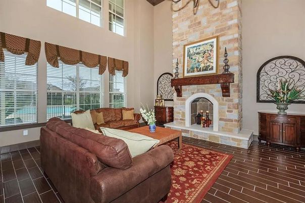 Fireplace, Interior, Living room, Stone Walls, Wood Texture Flooring