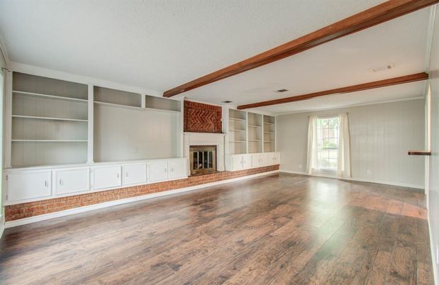 Empty room, Fireplace, Interior, Wooden Beams, Wood Texture Flooring