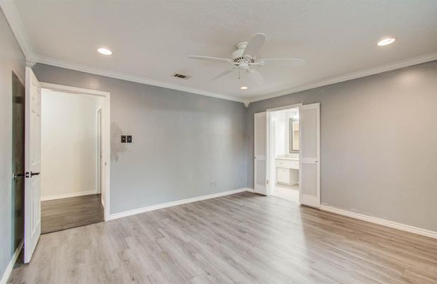 Bathroom, Empty room, Interior, Recessed Lighting, Wood Texture Flooring