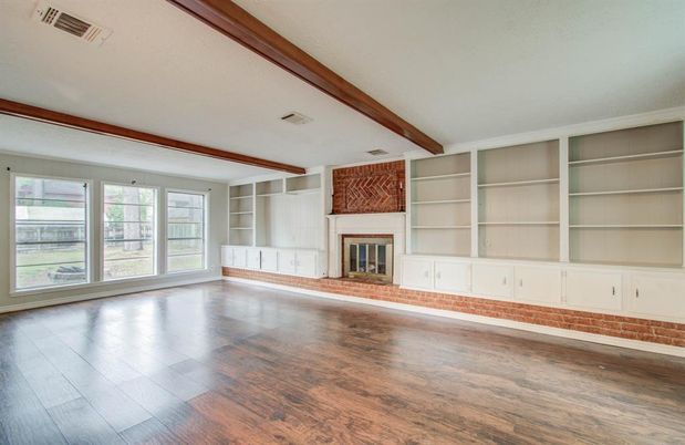 Empty room, Fireplace, Interior, Wooden Beams, Wood Texture Flooring