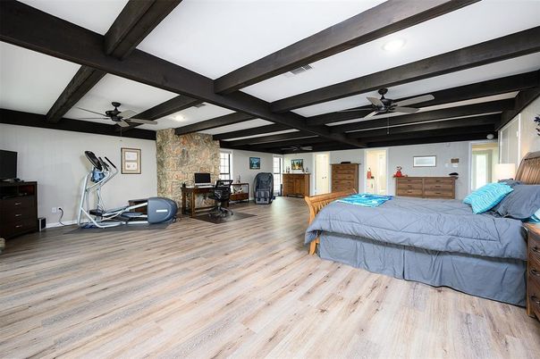 Bedroom, Fitness Equipment, Interior, Recessed Lighting, Stone Walls, Wooden Beams, Wood Texture Flooring