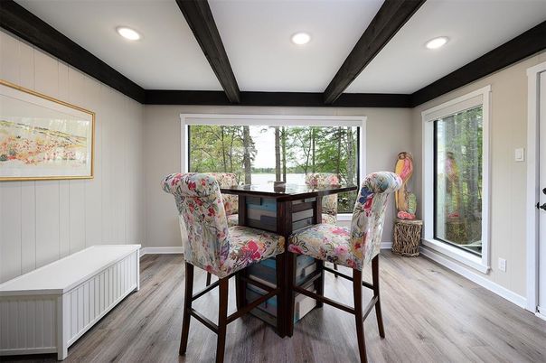Dining room, Interior, Recessed Lighting, Wooden Beams, Wood Texture Flooring
