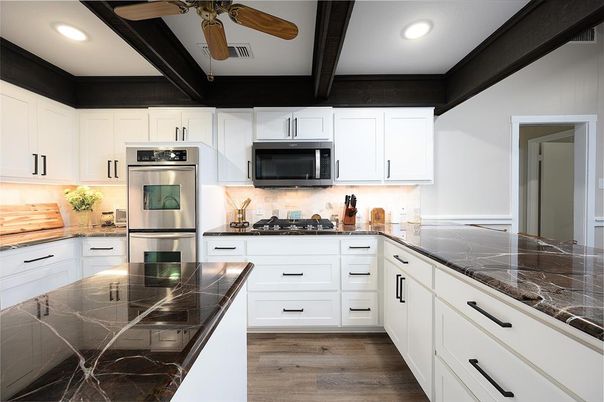 Interior, Kitchen, Recessed Lighting, Stainless Steel Appliances, Wooden Beams, Wood Texture Flooring