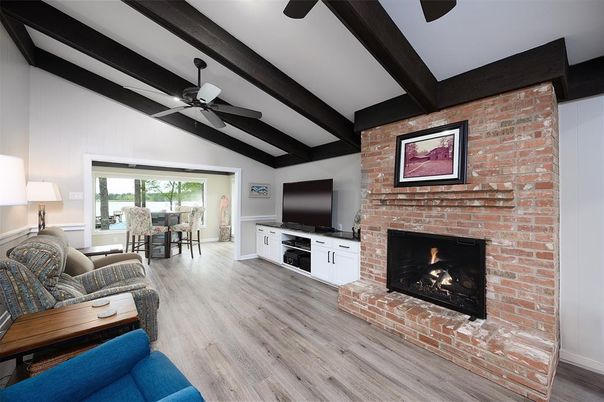 Dining room, Fireplace, Interior, Stone Walls, Wooden Beams, Wood Texture Flooring
