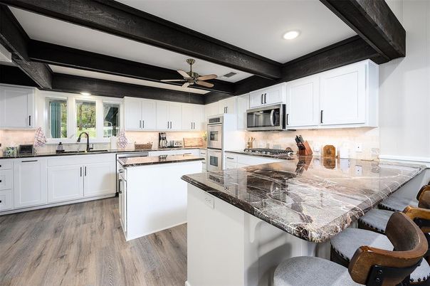Interior, Kitchen, Recessed Lighting, Stainless Steel Appliances, Wooden Beams, Wood Texture Flooring