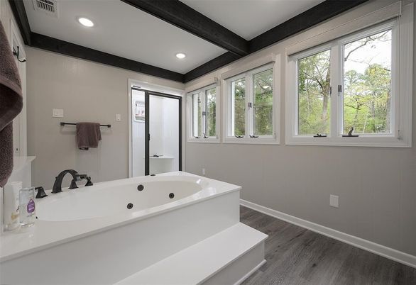 Bathroom, Interior, Recessed Lighting, Wooden Beams, Wood Texture Flooring