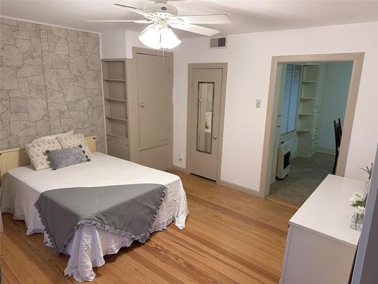 Bedroom, Interior, Stone Walls, Wood Texture Flooring
