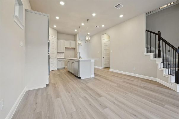 Interior, Kitchen, Pendant Lights, Recessed Lighting, Wood Texture Flooring