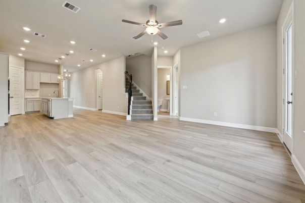 Empty room, Interior, Kitchen, Pendant Lights, Recessed Lighting, Wood Texture Flooring