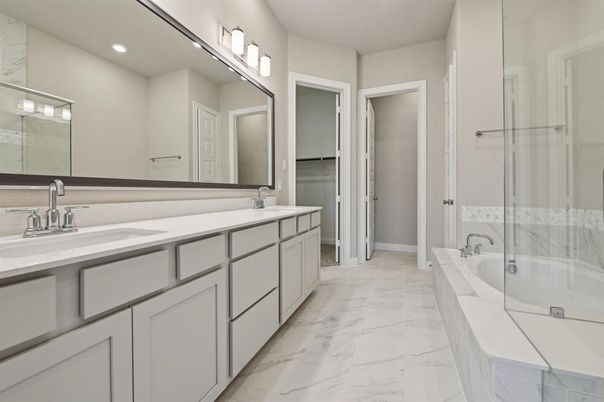 Bathroom, Dual Sink Vanities, Glass Shower, Interior, Marble, Recessed Lighting