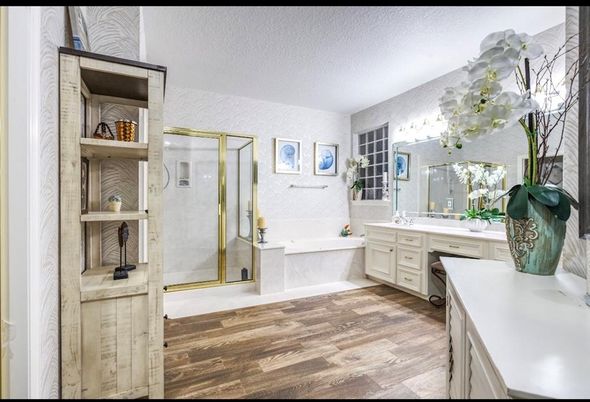 Bathroom, Glass Shower, Interior, Wood Texture Flooring