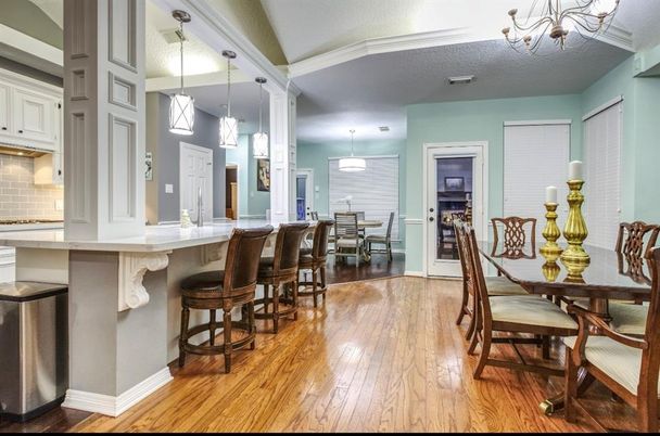 Chandelier, Dining room, Interior, Pendant Lights, Wood Texture Flooring
