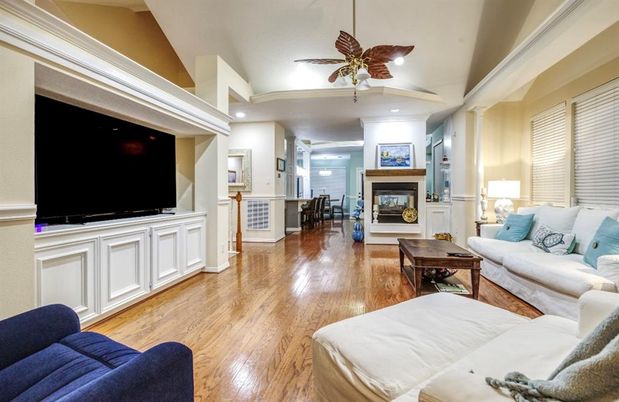 Dining room, Fireplace, Interior, Living room, Recessed Lighting, Wood Texture Flooring