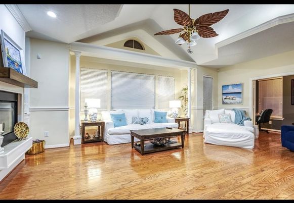 Fireplace, Interior, Living room, Recessed Lighting, Wood Texture Flooring