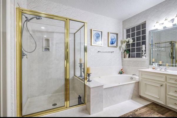 Bathroom, Glass Shower, Interior, Wood Texture Flooring