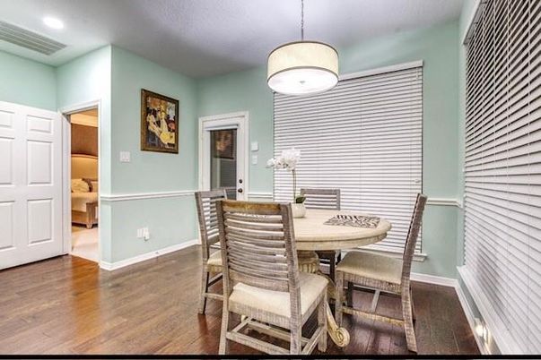 Dining room, Interior, Pendant Lights, Recessed Lighting, Wood Texture Flooring
