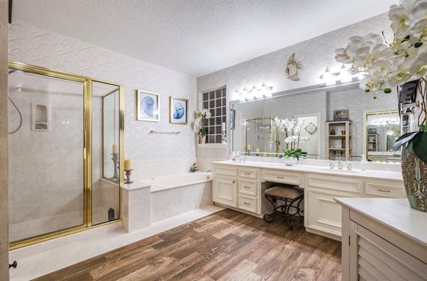Bathroom, Glass Shower, Interior, Wood Texture Flooring