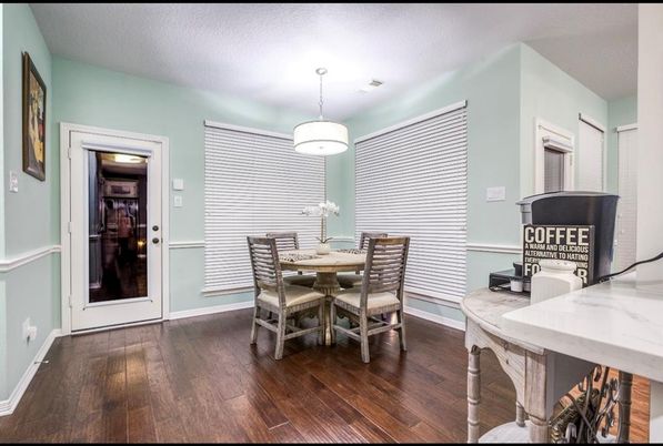 Dining room, Interior, Pendant Lights, Wood Texture Flooring