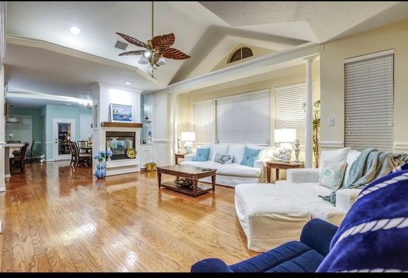 Fireplace, Interior, Living room, Recessed Lighting, Wood Texture Flooring