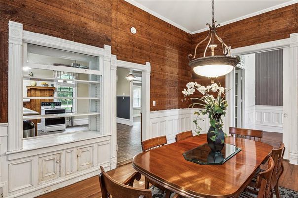 Dining room, Interior, Pendant Lights, Wood Texture Flooring, Wooden Walls