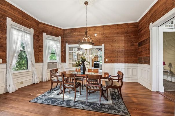Dining room, Interior, Pendant Lights, Wood Texture Flooring, Wooden Walls