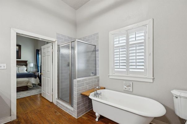Bathroom, Bedroom, Free Standing Baths, Glass Shower, Interior, Wood Texture Flooring