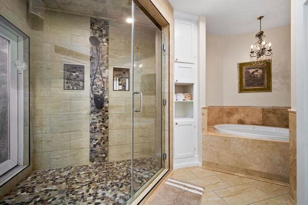 Bathroom, Chandelier, Glass Shower, Interior, Stone Walls