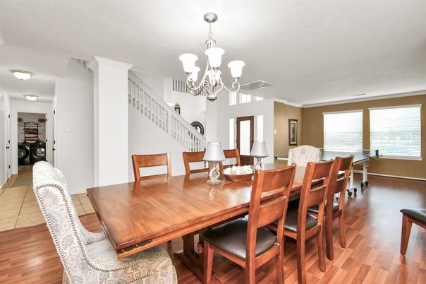 Chandelier, Dining room, Interior, Wood Texture Flooring