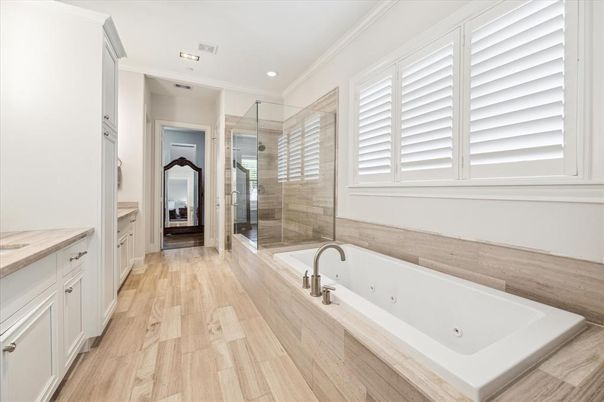 Bathroom, Glass Shower, Interior, Recessed Lighting, Wood Texture Flooring