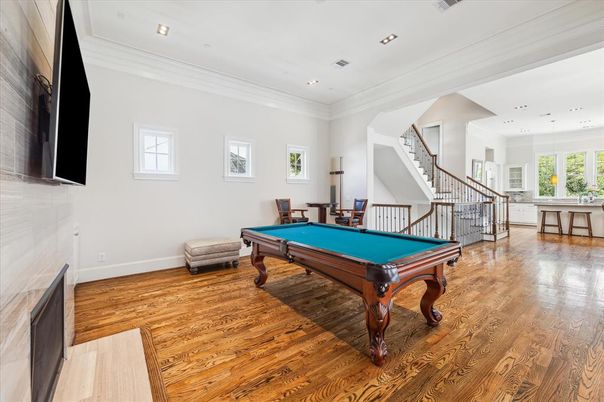 Billiard Table, Game Room, Interior, Recessed Lighting, Wood Texture Flooring