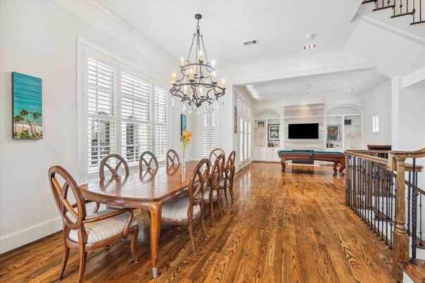 Billiard Table, Chandelier, Dining room, Game Room, Interior, Recessed Lighting, Wood Texture Flooring