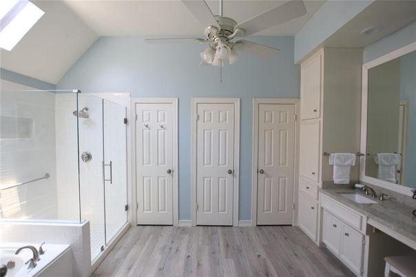 Bathroom, Glass Shower, Interior, Wood Texture Flooring