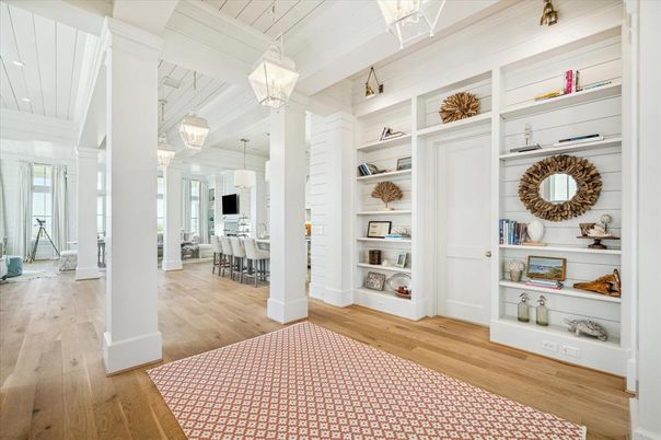 Dining room, Interior, Pendant Lights, Wood Texture Flooring