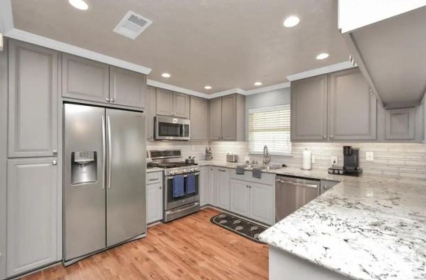 Interior, Kitchen, Recessed Lighting, Stainless Steel Appliances, Wood Texture Flooring