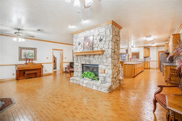 Fireplace, Interior, Kitchen, Stone Walls, Wood Texture Flooring