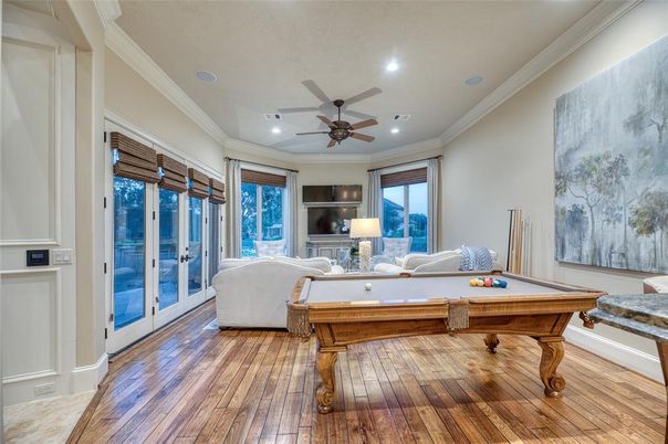 Billiard Table, Game Room, Interior, Recessed Lighting, Wood Texture Flooring