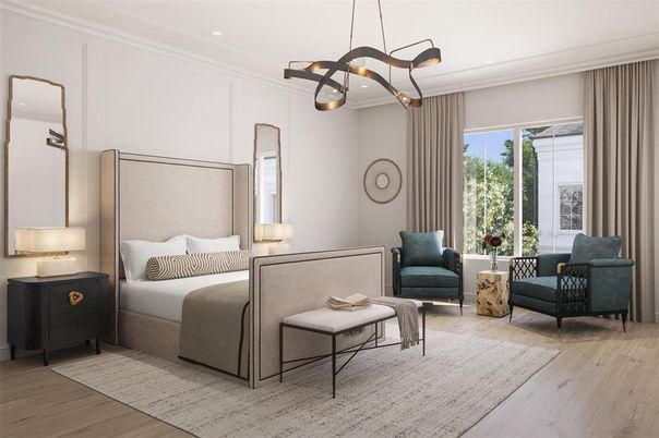 Bedroom, Interior, Pendant Lights, Recessed Lighting, Wood Texture Flooring
