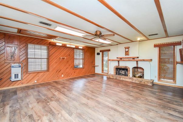 Empty room, Fireplace, Interior, Wooden Beams, Wood Texture Flooring, Wooden Walls