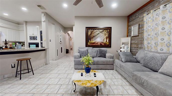 Interior, Kitchen, Living room, Recessed Lighting, Stone Walls