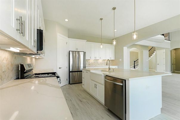 Interior, Kitchen, Pendant Lights, Recessed Lighting, Stainless Steel Appliances, Wood Texture Flooring