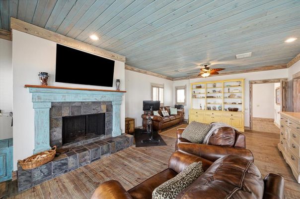 Fireplace, Interior, Living room, Recessed Lighting, Wooden Ceilings, Wood Texture Flooring