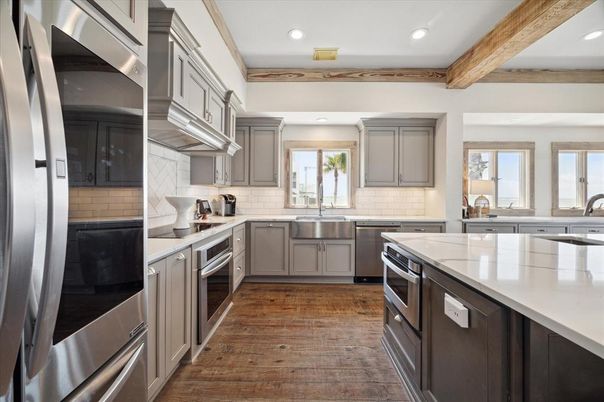 Interior, Kitchen, Recessed Lighting, Stainless Steel Appliances, Wooden Beams, Wood Texture Flooring