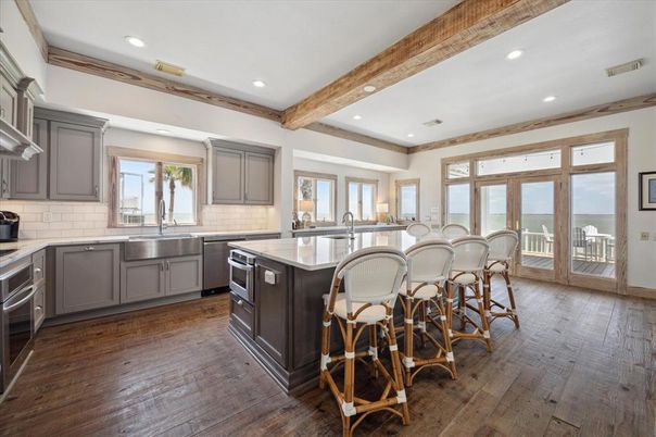 Interior, Kitchen, Recessed Lighting, Stainless Steel Appliances, Wooden Beams, Wood Texture Flooring