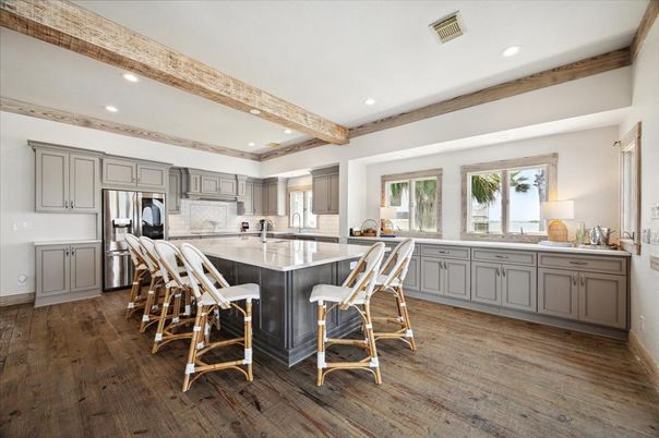 Interior, Kitchen, Recessed Lighting, Stainless Steel Appliances, Wooden Beams, Wood Texture Flooring